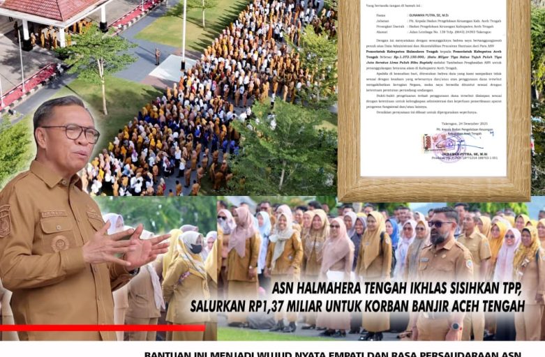 ASN HALMAHERA TENGAH IKHLAS SISIHKAN TPP, SALURKAN RP1,37 MILIAR UNTUK KORBAN BANJIR ACEH TENGAH